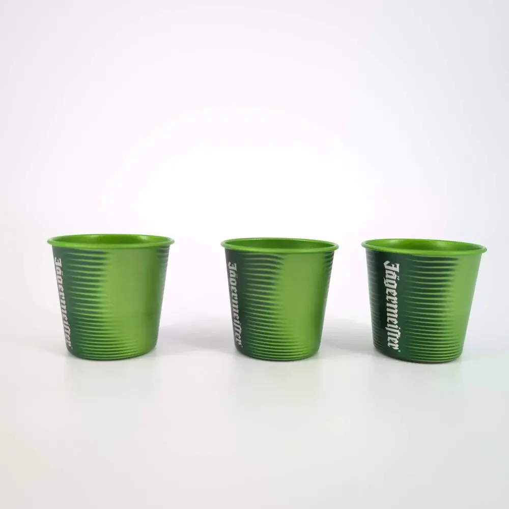 Three Green Jägermeister Color Changing Reusable Aluminum 1 oz Shot Glasses NWOT